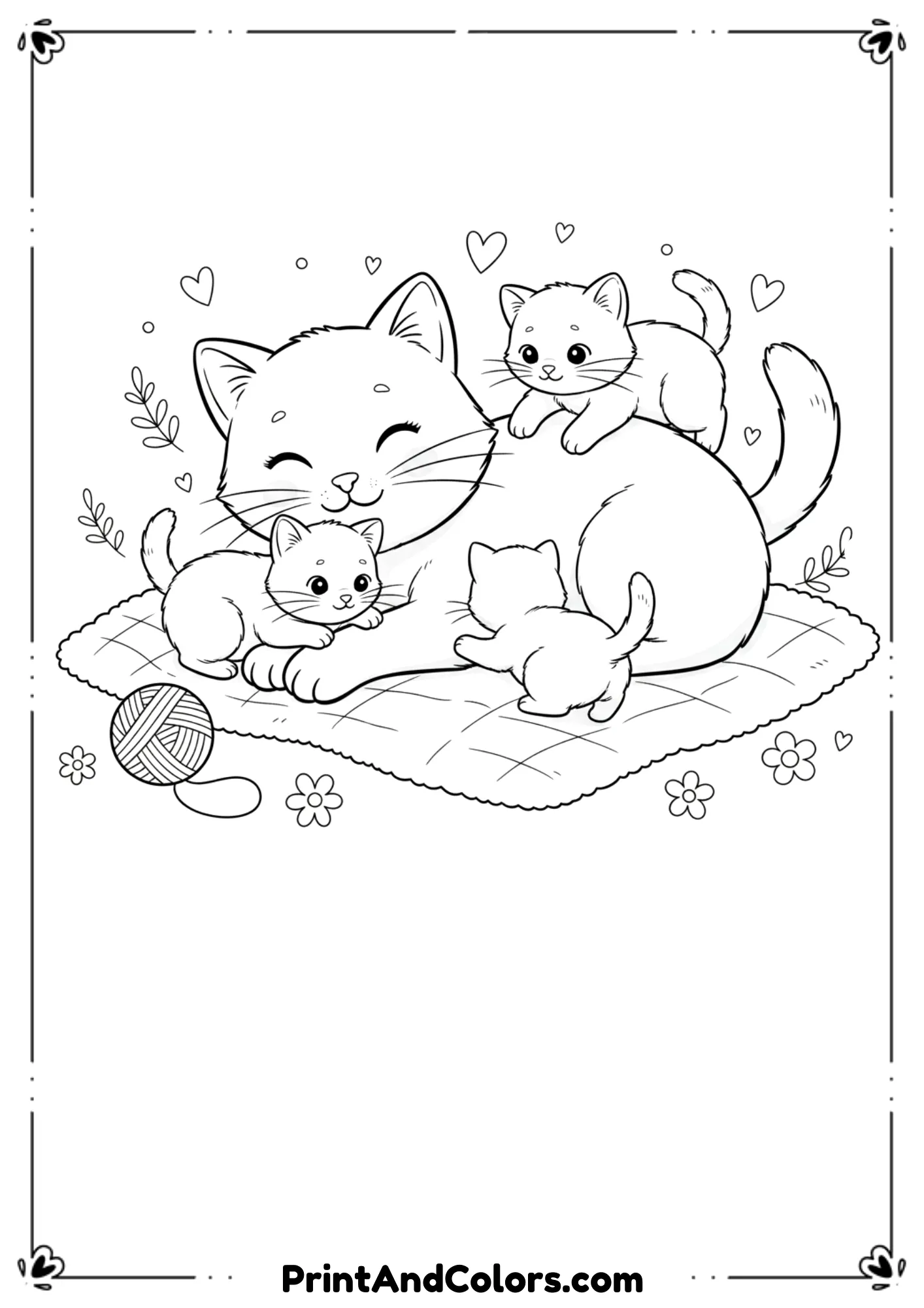 Loving mother cat cuddling her playful kittens, soft and warm outlines perfect for family-themed coloring.
