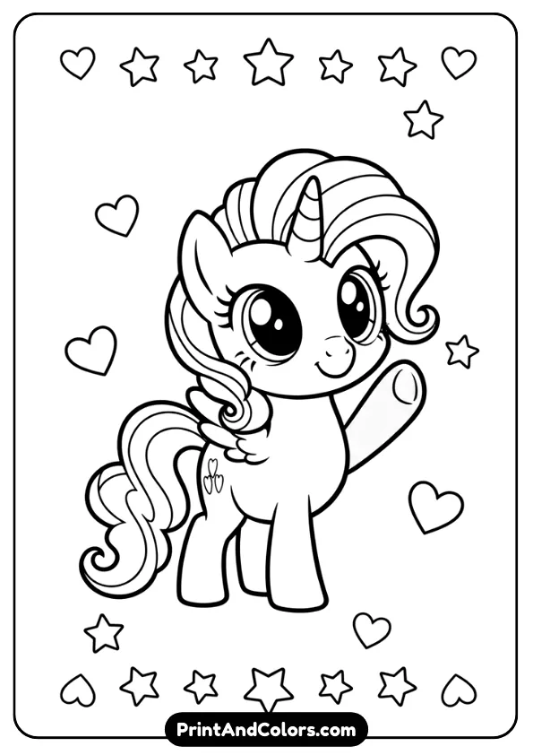 Illustrate a cute chibi-style My Little Pony character with big eyes, round face, small body, and playful pose. Minimal background with hearts and stars. Bold clean lines, no color, designed for preschool coloring pages.