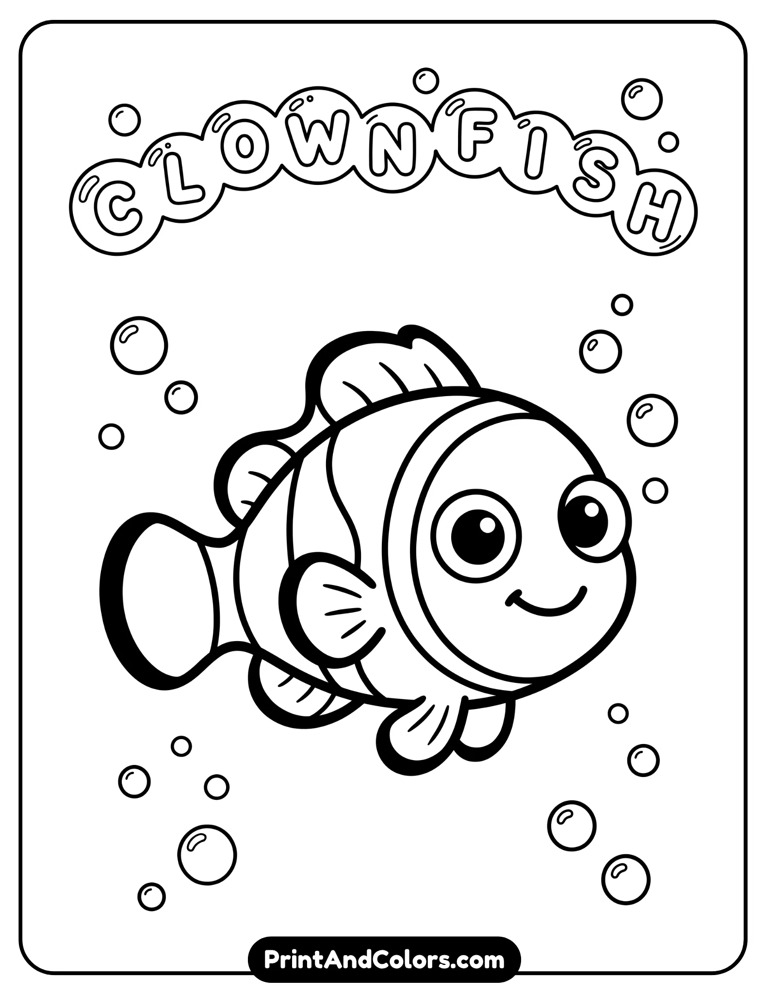 Simple and cute line art of a small clownfish with big eyes and smiling face, minimal background with a few bubbles. Thick lines, easy for kids