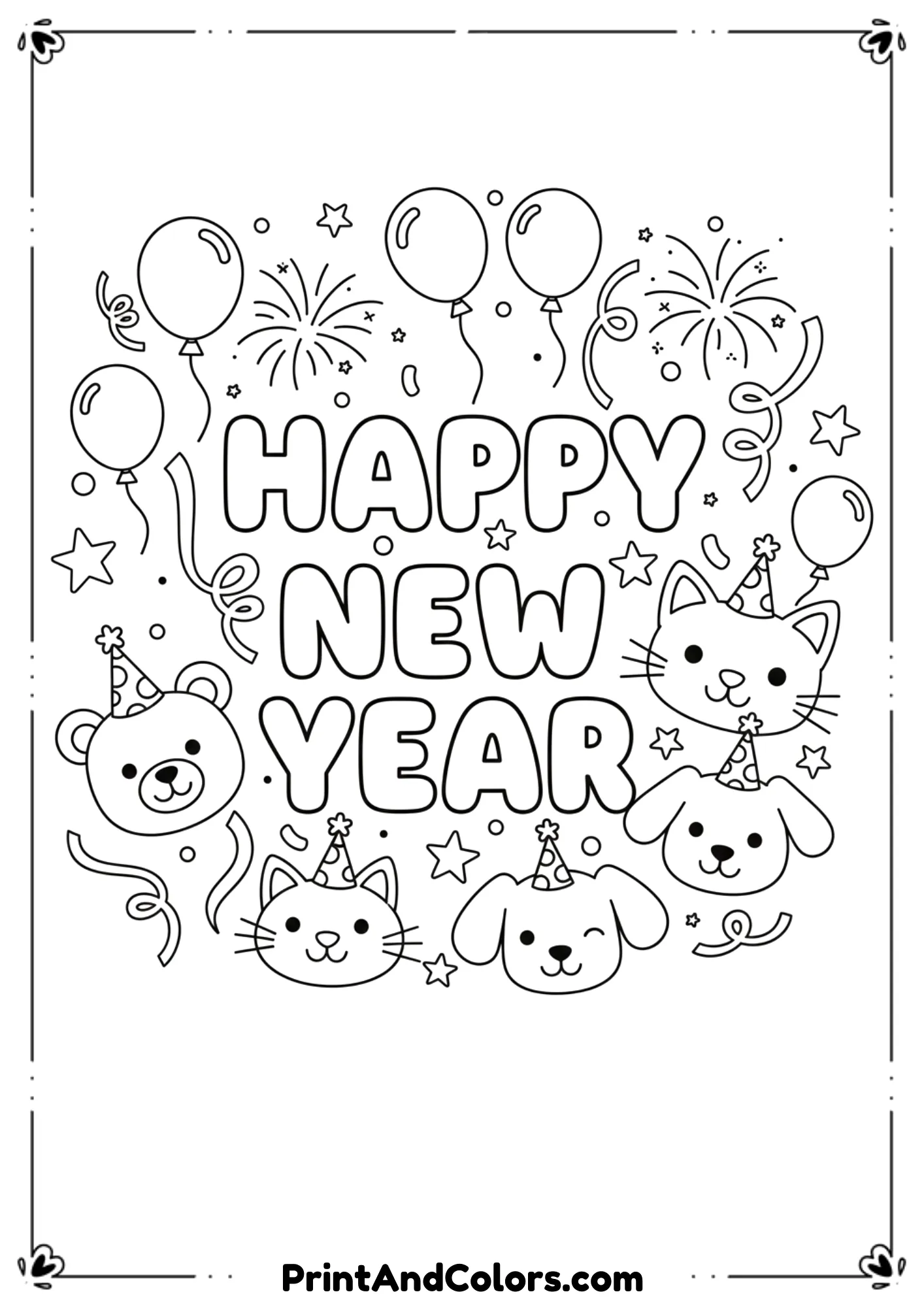 Cute-style black and white line art featuring smiling cartoon characters, party hats, balloons, fireworks, and “Happy New Year” text. Simple shapes, rounded forms, thick outlines, and a playful layout designed especially for kids.
