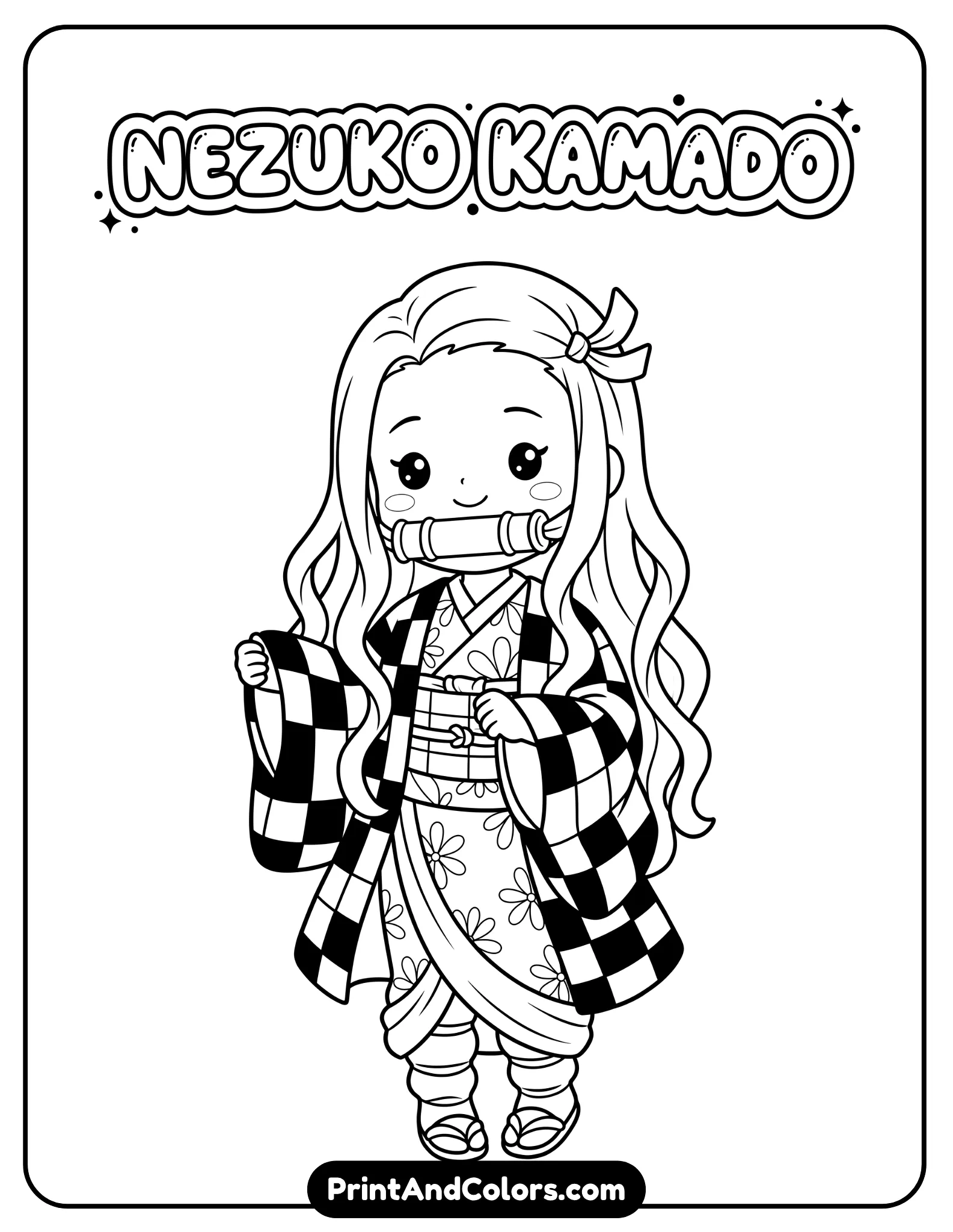 Adorable Nezuko smiling softly, gentle pose holding sleeves of her kimono, simplified facial features, soft rounded lines, clean black outline, blank background