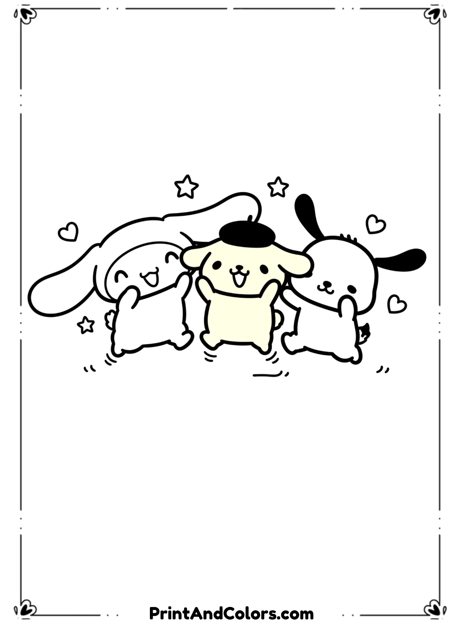  Illustrate the trio playing together, such as jumping or clapping. Keep expressions joyful and poses dynamic. Use smooth black outlines, no shading, and spacious layout for coloring.
