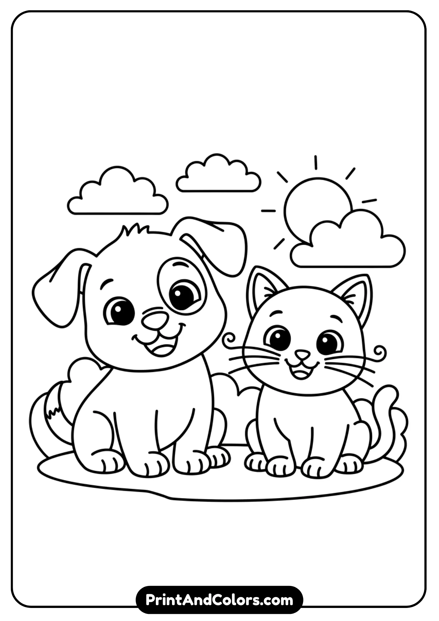 Black and white outline of a cute puppy and kitty sitting together, both smiling. Simple outlines for kids’ coloring pages.