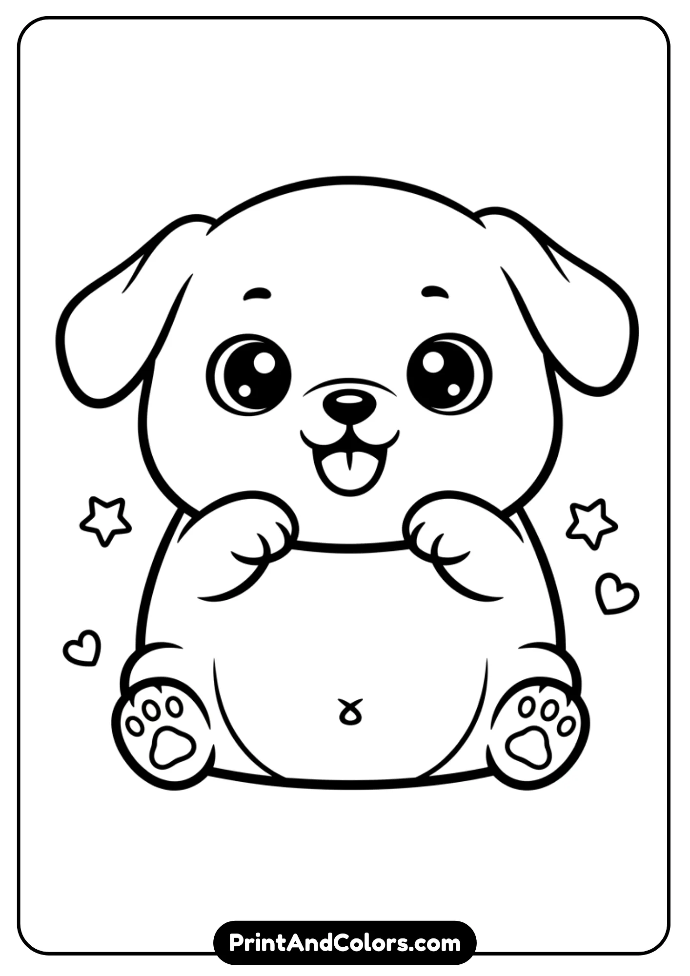 Black and white kawaii-style puppy sitting down with a big smile, small paws, and round eyes. Simple outlines designed for easy coloring, perfect for kids