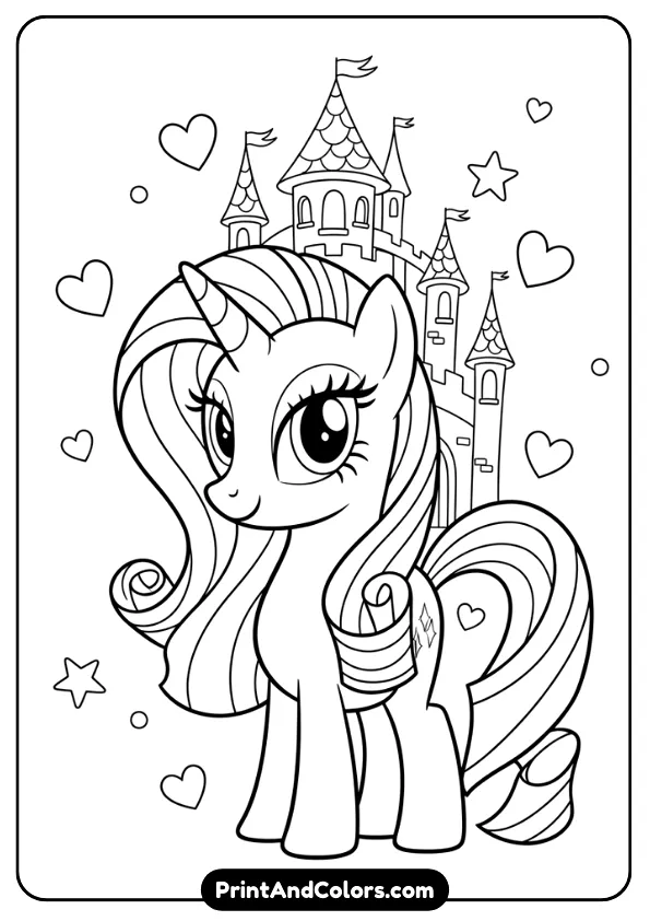 Create a black and white line art coloring sheet of Rarity smiling gracefully with a fantasy castle in the background. Elegant flowing mane, simple castle towers, hearts and stars for decoration. Clean bold outlines, no shading, white background, printable for kids.