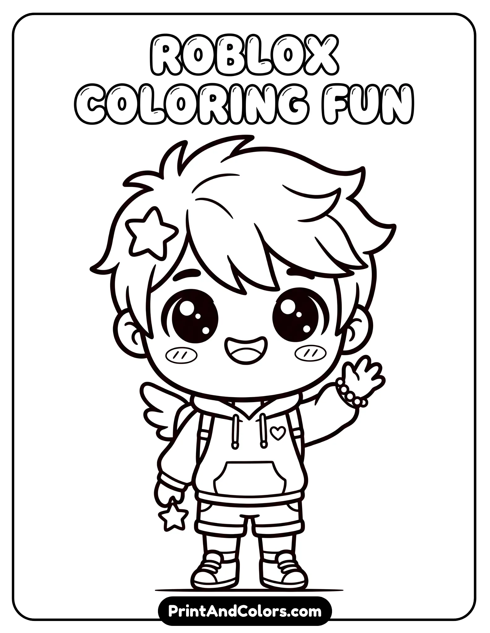 Chibi-style Roblox avatar with oversized head, big eyes, smiling expression, tiny body, simple accessories, kawaii line art