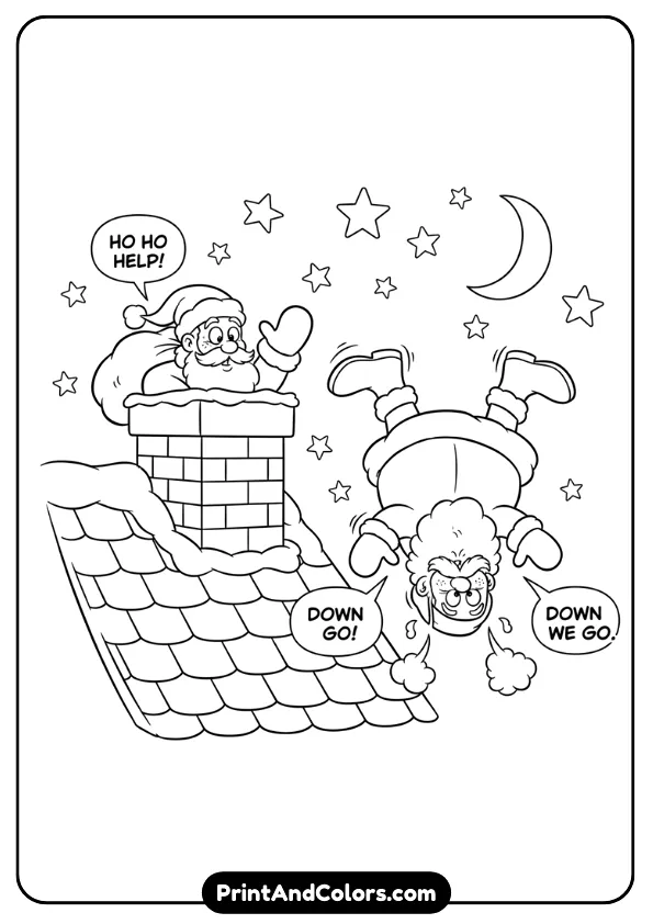 Santa feet-first or head-first going down a chimney with comic-style expressions. Add snow on the rooftop and stars