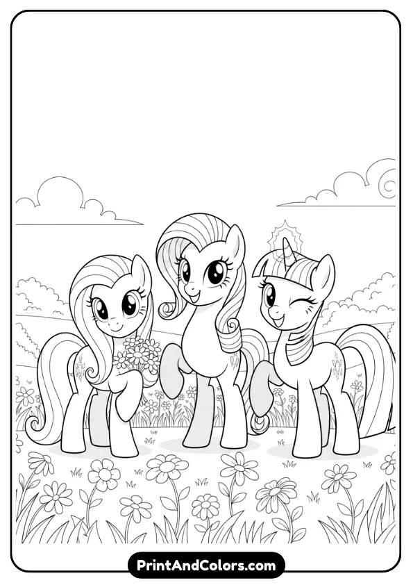 Illustrate a black and white coloring page of Fluttershy, Rarity, and Twilight Sparkle smiling together in a grassy field with flowers. Friendly poses, simple background, clean bold outlines.