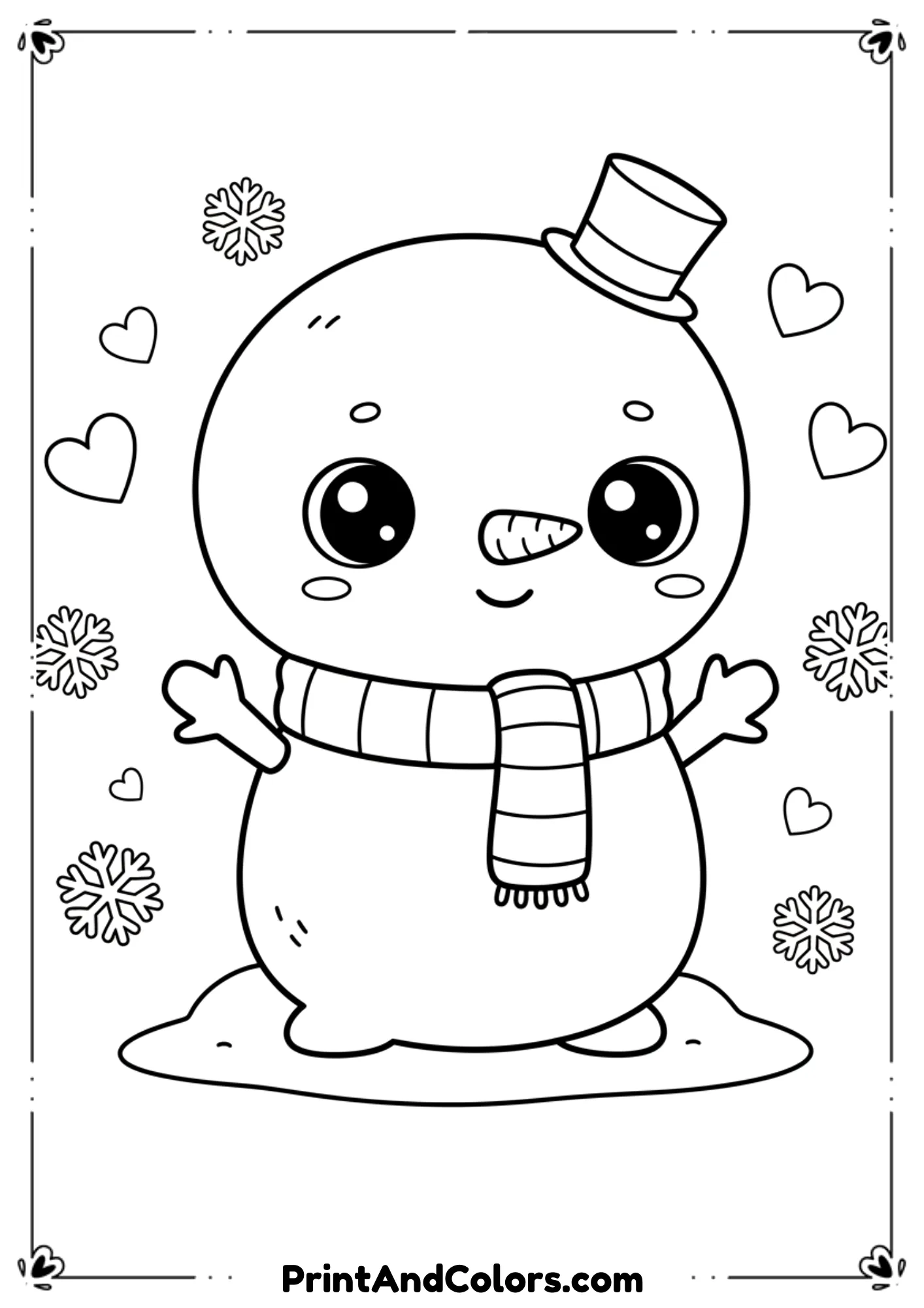 Adorable chibi-style snowman with big eyes, small hat, short scarf, tiny carrot nose. Add hearts and snowflakes around for a cute touch. Clear outlines, simple shapes.

