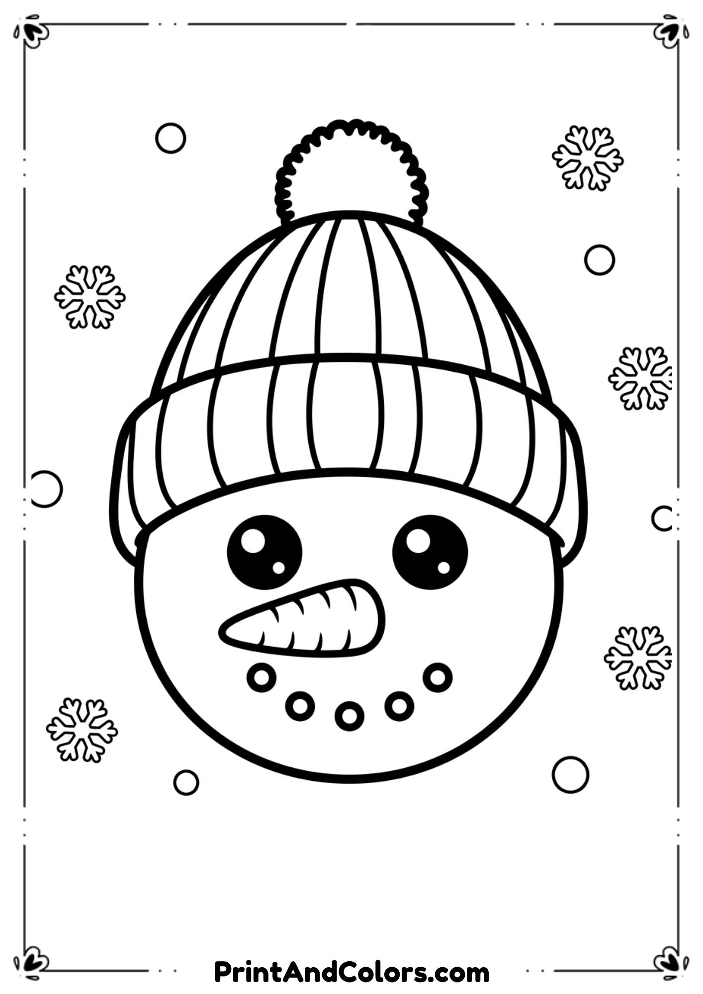 Simple close-up of snowman face: big round eyes, carrot nose, button smile, winter hat on top. Big shapes for kids.
