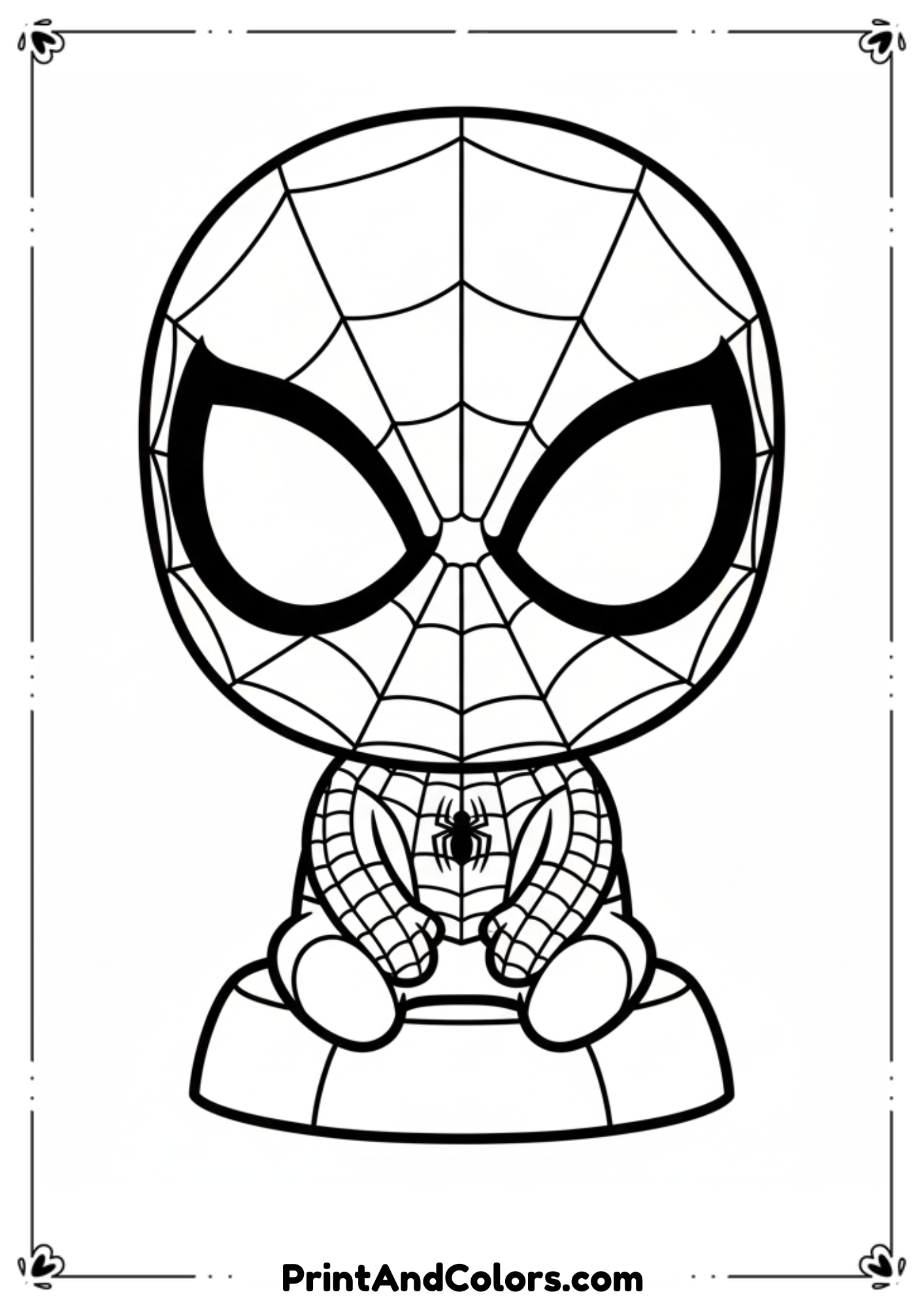 Adorable chibi-style Spider-Man sitting with big expressive eyes, simple bold lines for kids to color.

