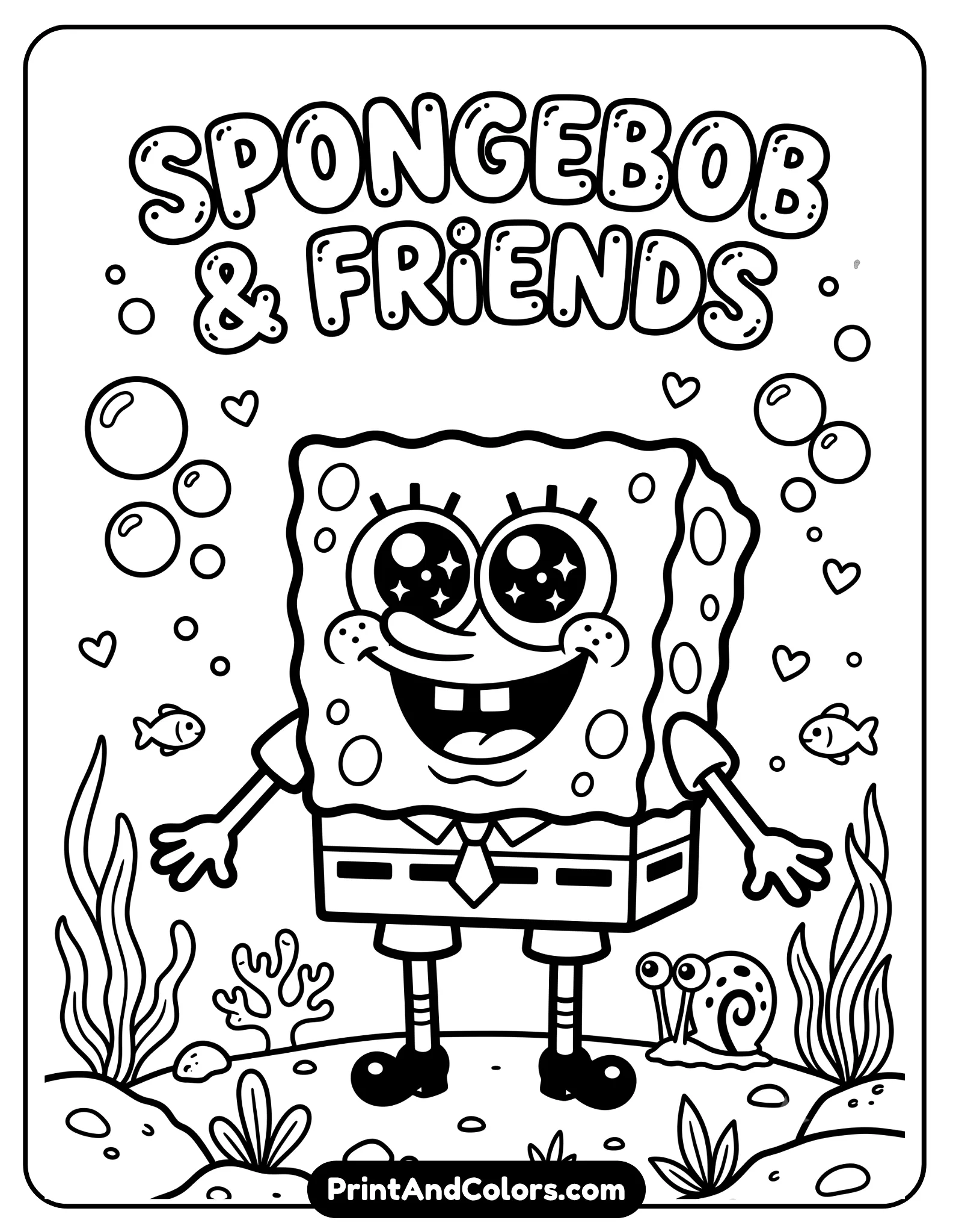 Cute black and white coloring page of SpongeBob with big sparkling eyes and small cheerful smile, simple underwater background with bubbles and hearts, soft cartoon style line art, thick easy outlines, printable kids coloring page