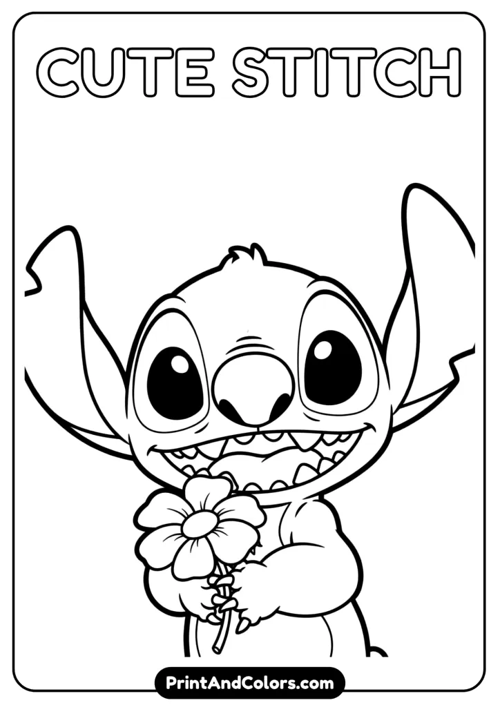 Stitch holding a flower and smiling, designed in cute chibi style