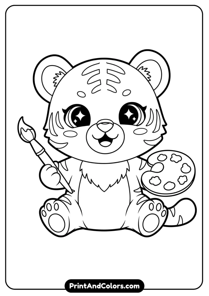 Black and white kawaii tiger cub holding a paintbrush and palette, smiling face, outlined for coloring fun.