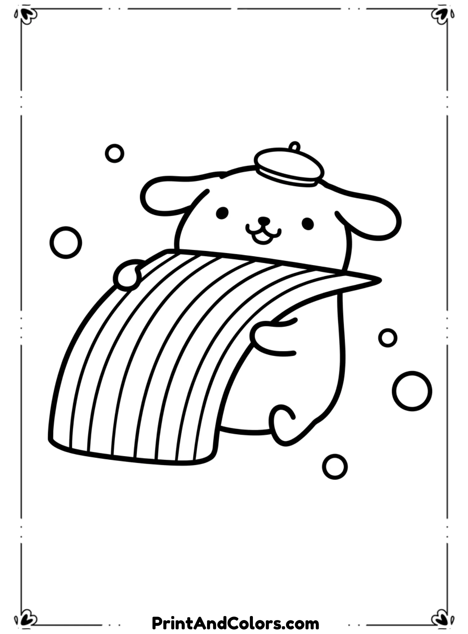  Draw a toy-like PomPompurin hugging a large rainbow. Use very simple shapes, thick black outlines, and minimal detail. The rainbow should be smooth and wide for easy coloring by preschoolers.
