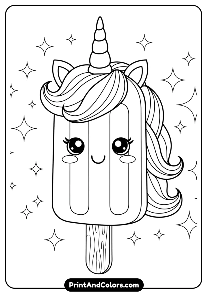 Black and white kawaii popsicle with unicorn horn, mane, and smiling face, surrounded by sparkles.