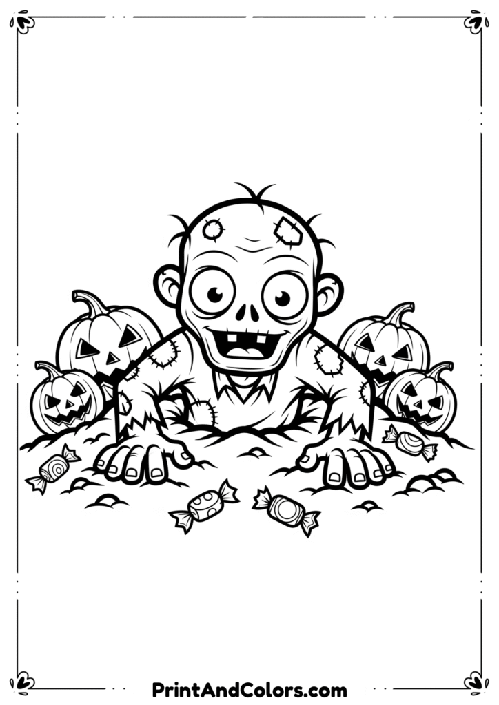 Cartoon zombie with friendly face crawling out of the dirt, pumpkins and candy around in line art.