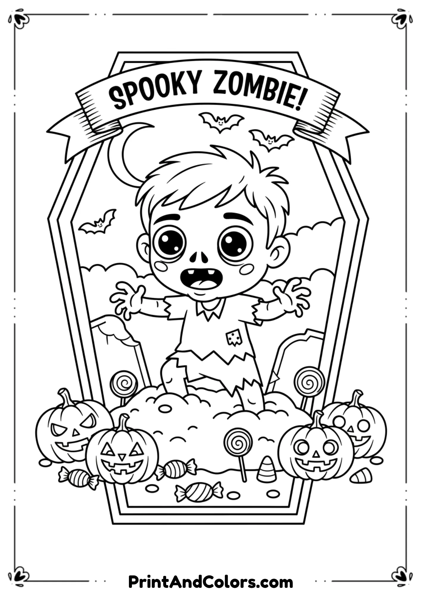  Cartoon zombie with friendly face crawling out of the dirt, pumpkins and candy around in line art.
