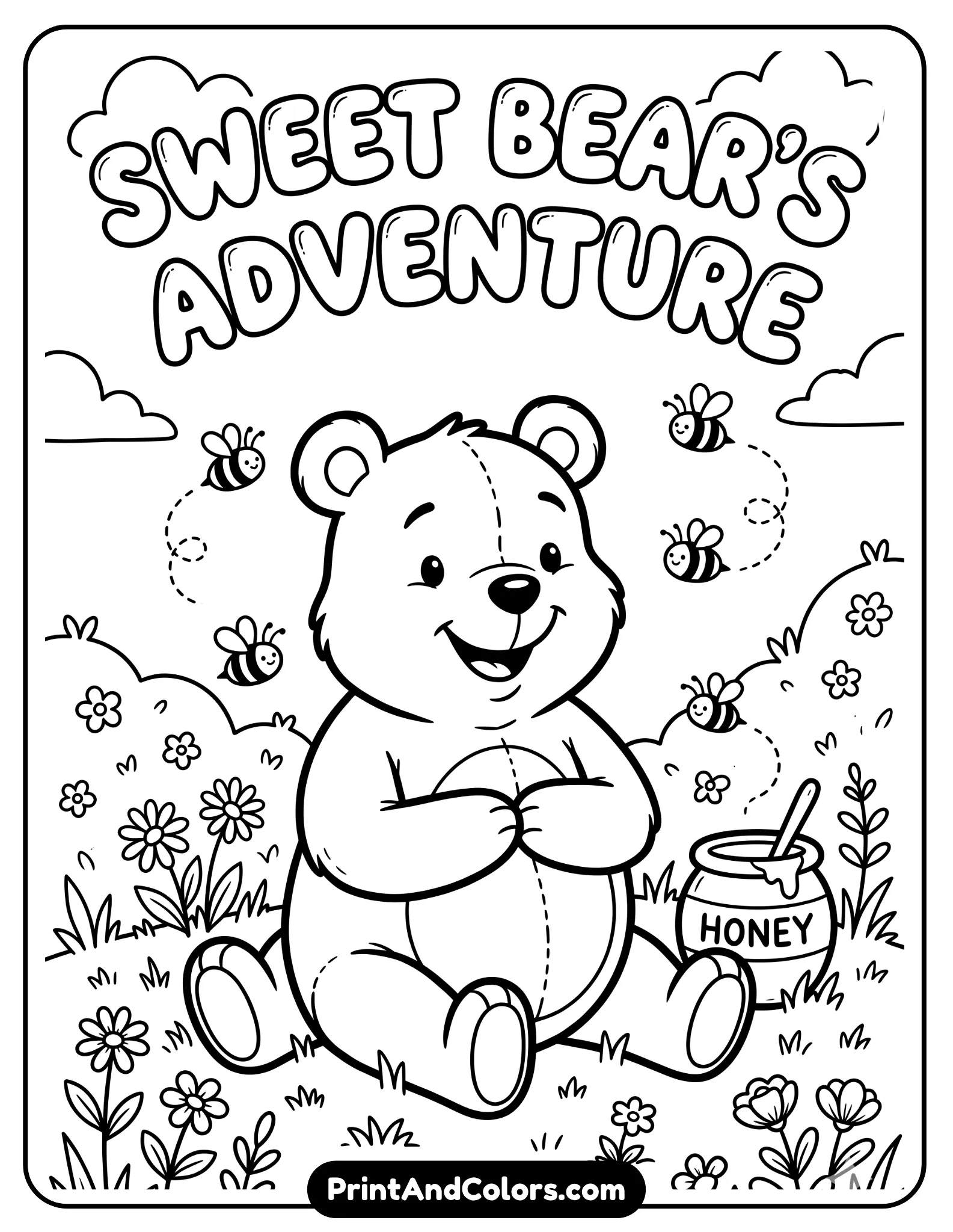 Adorable black and white line art of Winnie the Pooh sitting with his legs out and hands on his belly, smiling sweetly, small honey pot beside him, bees flying playfully nearby, cute cartoon proportions, soft rounded shapes, thick bold outlines for coloring books, minimal background with flowers and grass, printable kids coloring page