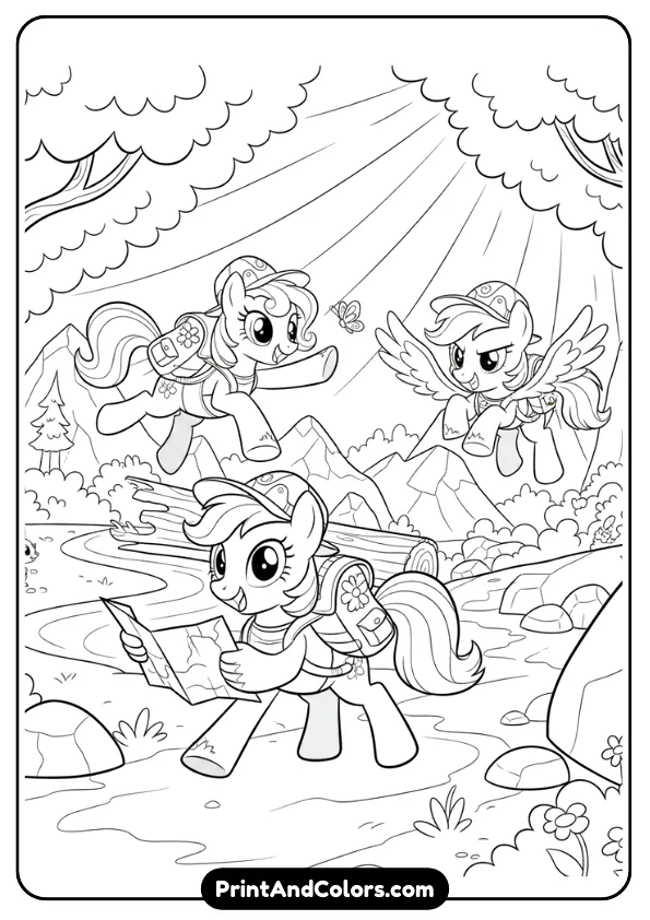 black and white coloring page of the Cutie Mark Crusaders on an adventure with backpacks and trail scenery. Fun action poses, bold outlines.