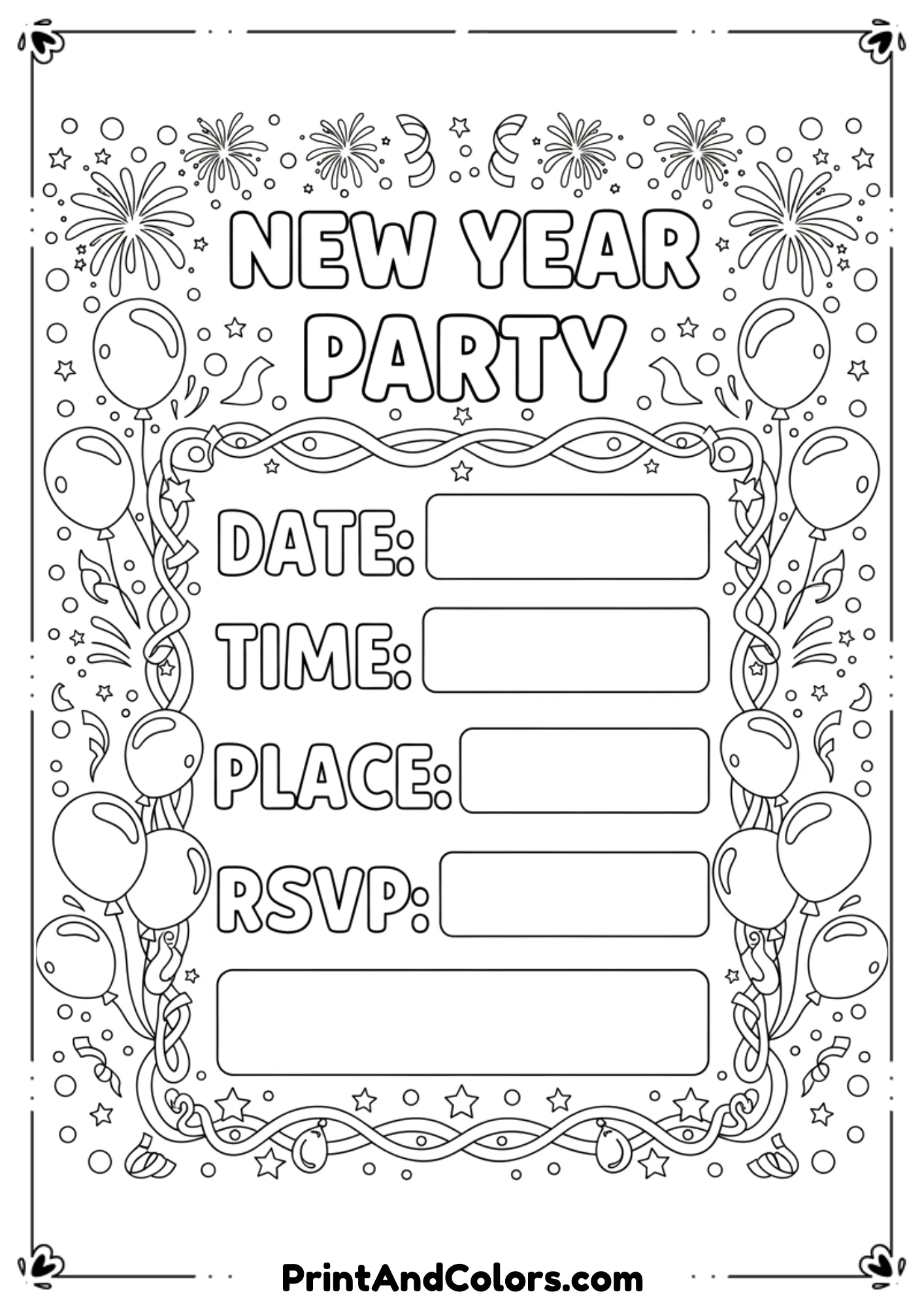  Black and white line art invitation-style coloring page with blank areas to write party details. Decorated with balloons, confetti, stars, and “New Year Party” text. Bold outlines, printable DIY design.
