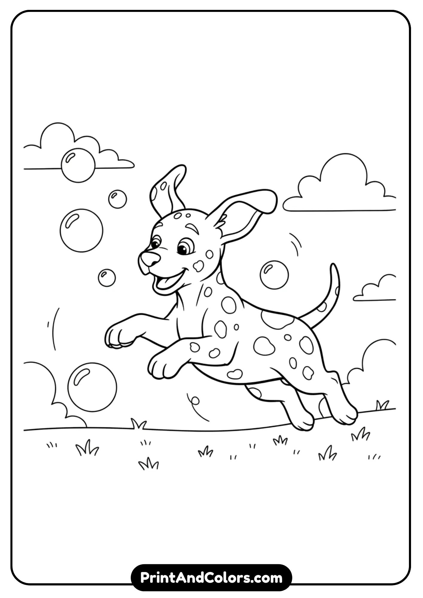 Black and white outline of a Dalmatian puppy jumping playfully while chasing bubbles. Clean outlines for coloring