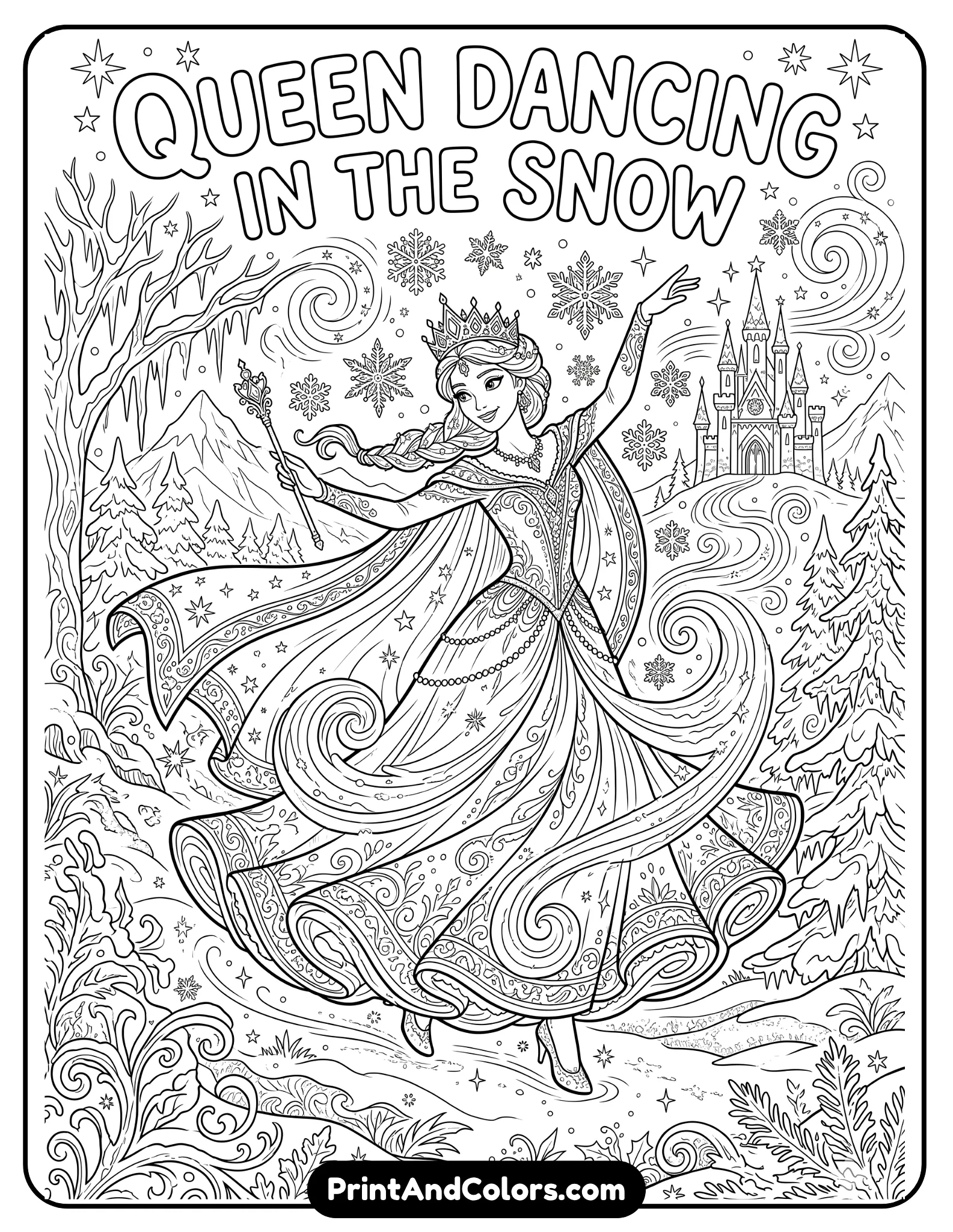 Black and white coloring page of Elsa dancing gracefully in the snow, swirling dress and flowing cape creating movement, snowflakes spinning around her, magical winter background with icy patterns, printable coloring book line art with elegant detailed outlines