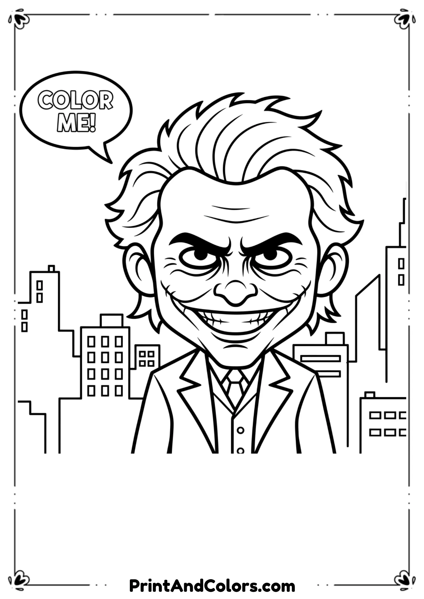  Black and white line art of Heath Ledger Joker from Dark Knight movie with scars and intense expression.
