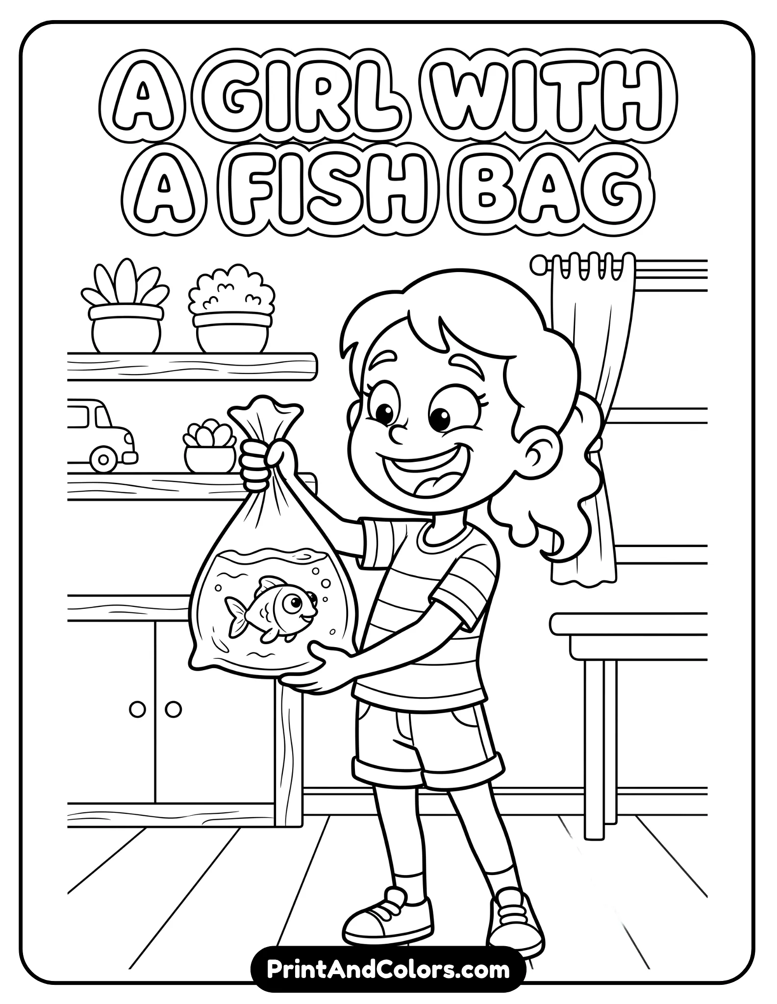 Line drawing of a young girl holding a fish bag, with exaggerated expression, simple indoor background elements. Clean outlines, cartoon style, no shading