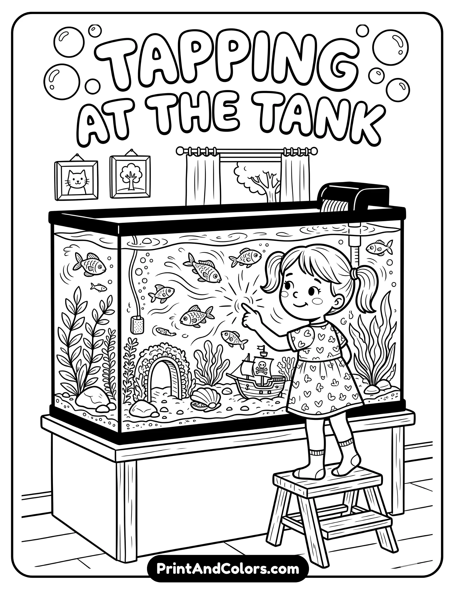 Black and white illustration of a girl tapping on a fish tank, with fish inside reacting. Simple room background, aquarium details like plants and bubbles