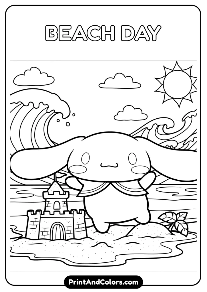 Cinnamoroll playing on the beach with a sandcastle, cartoon black and white outline, no colors, waves and sun in background