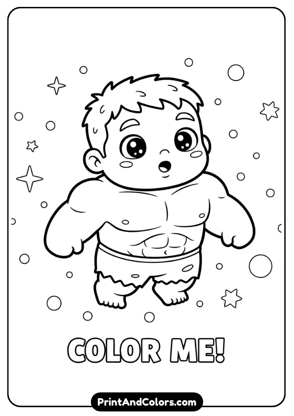 Adorable chibi Hulk floating or standing in a starry sky, cute dazzled expression, minimal details, thick baby-safe outlines.