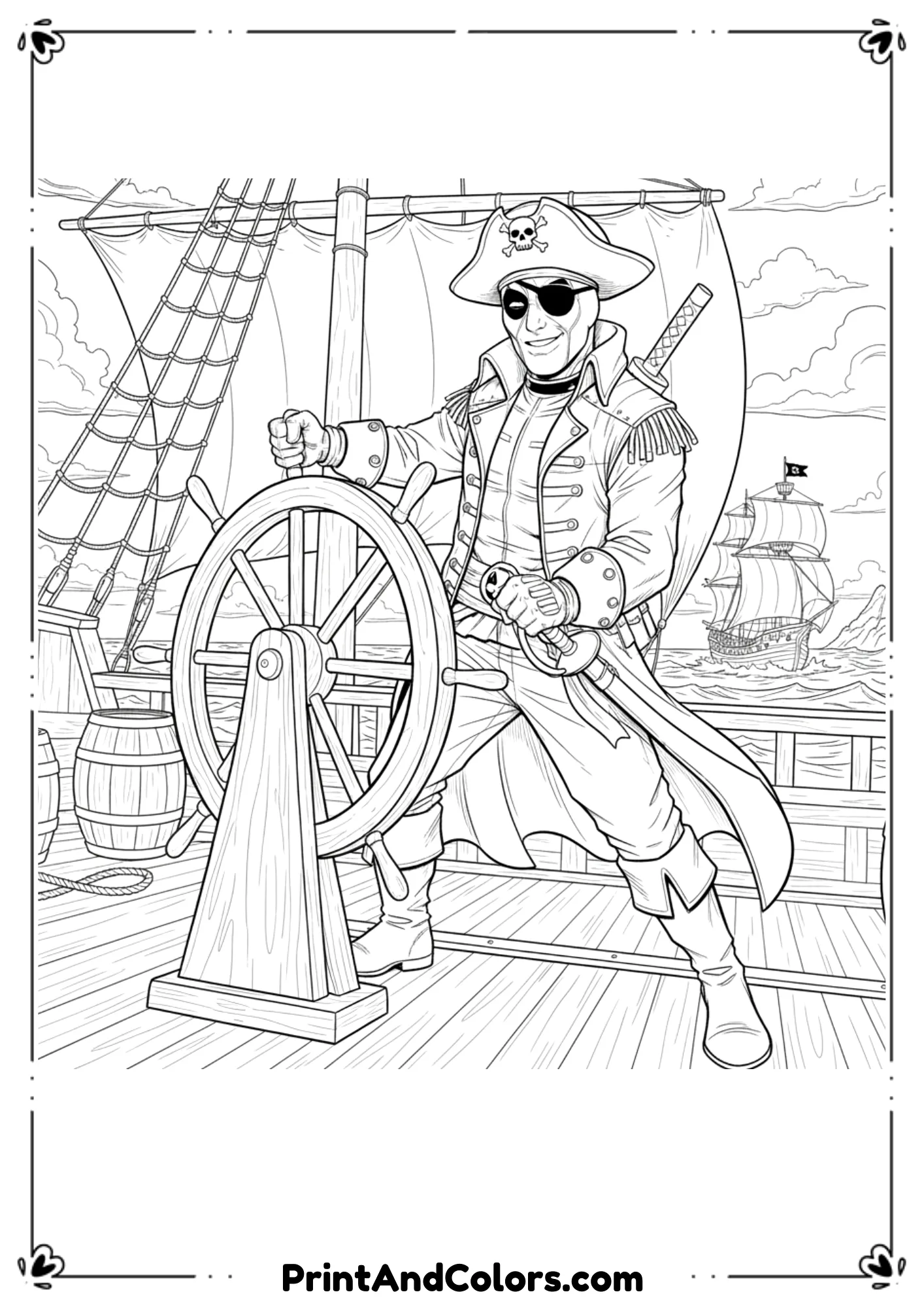 Deadpool dressed as pirate captain steering a ship wheel, pirate hat and sword, detailed black-and-white outlines.