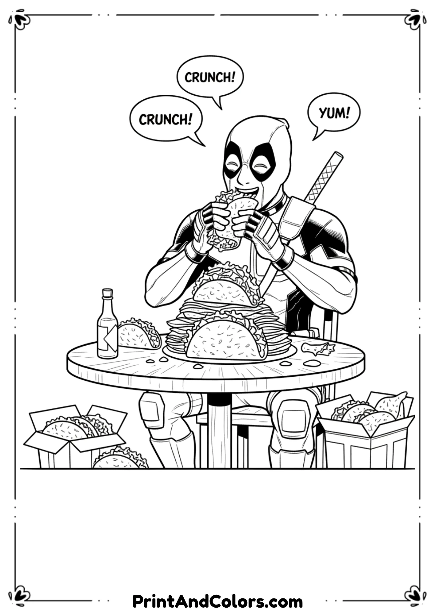 Deadpool sitting at table eating tacos happily, funny comic line art outlined in black-and-white.