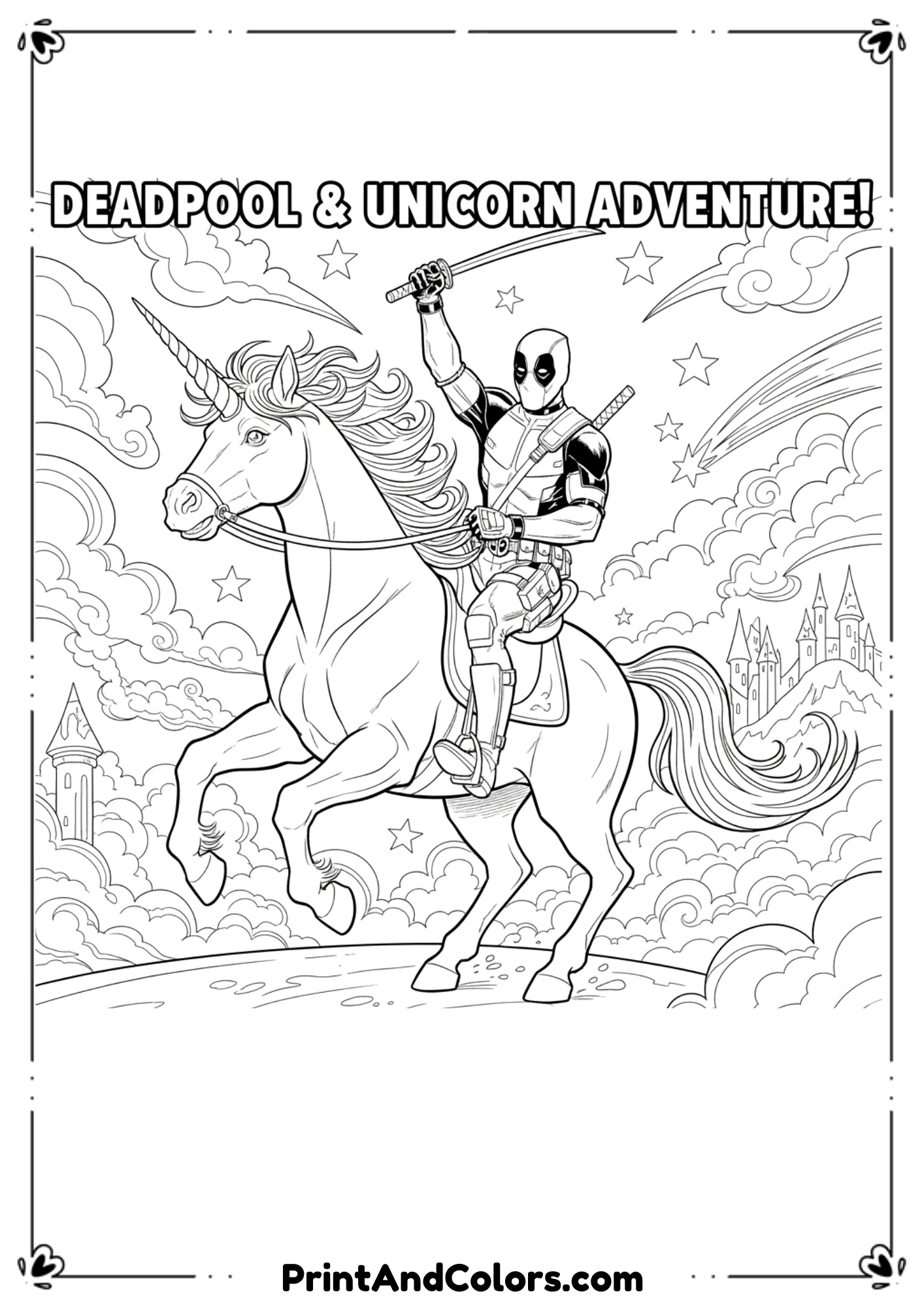 Deadpool riding a unicorn, waving his sword in excitement, outlined in bold black-and-white line art.