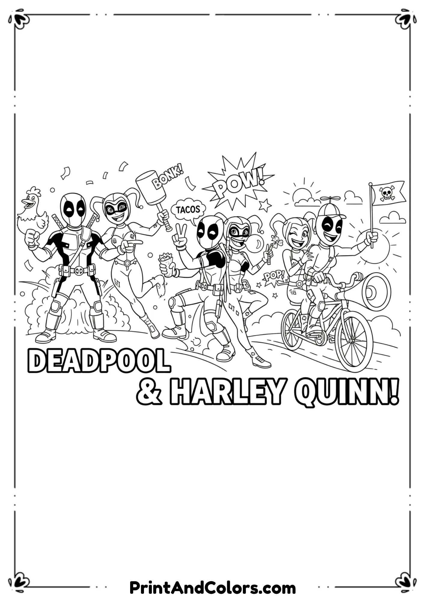 Deadpool and Harley Quinn posing together, playful expressions, bold black-and-white comic outlines.