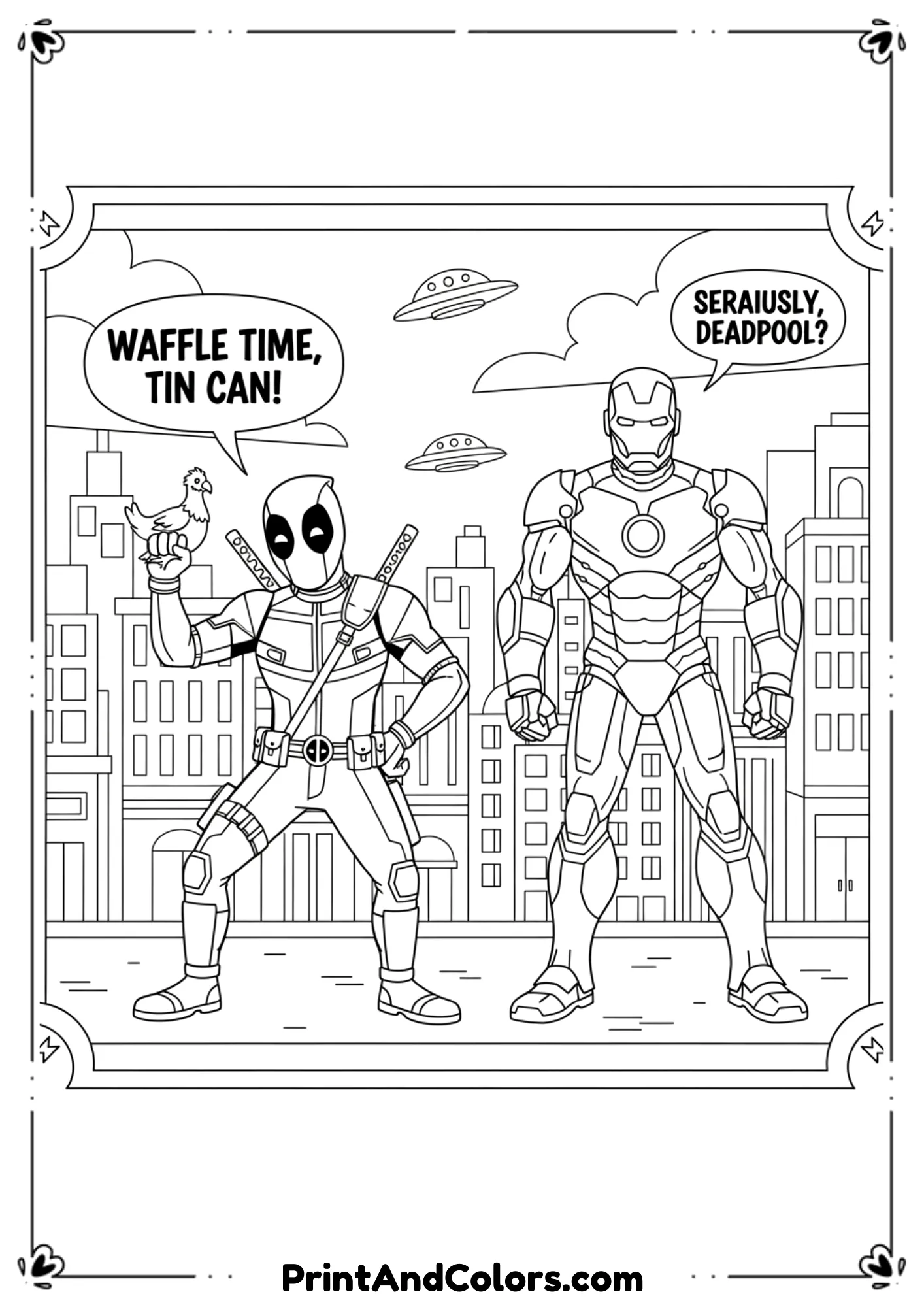 Fun black-and-white drawing of Deadpool standing next to Iron Man, Deadpool making a funny pose.
