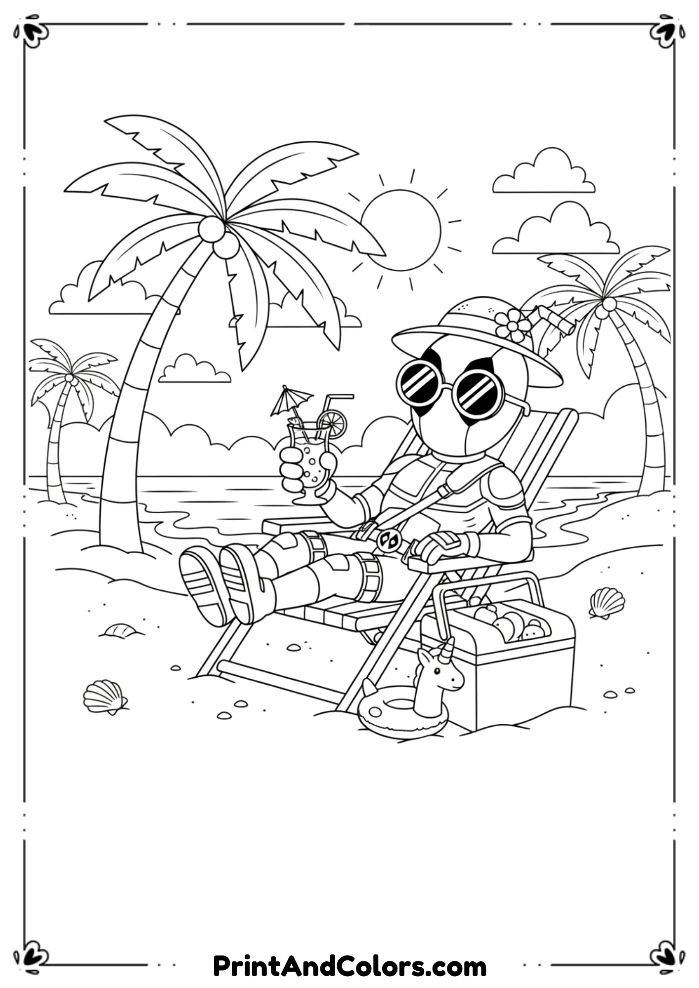 Deadpool relaxing on a beach chair with sunglasses and a drink, palm trees in background, black-and-white line art with playful details.