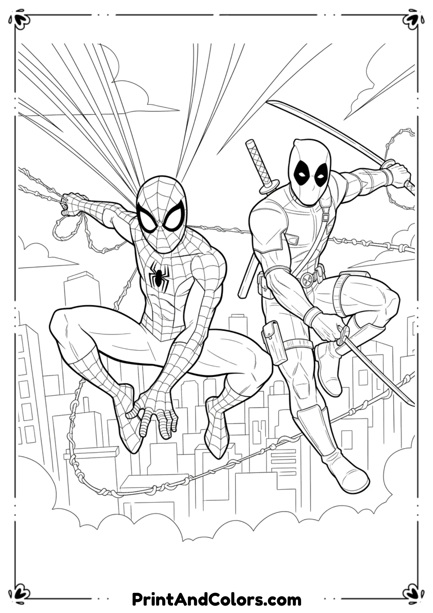 Line art illustration of Deadpool and Spider-Man swinging together on webs, action comic outlines, black-and-white design.