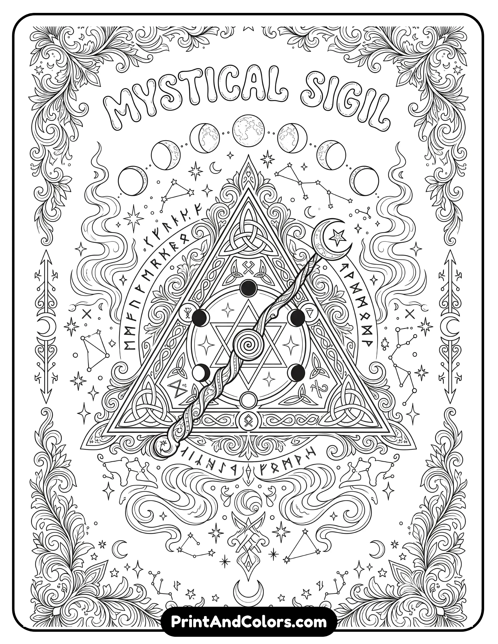 Elegant black and white coloring page featuring a mystical triangular symbol with a wand and circle design surrounded by magical runes, stars, smoke swirls, moon phases, and ornate decorative borders. Intricate adult coloring book style line art, printable fantasy design