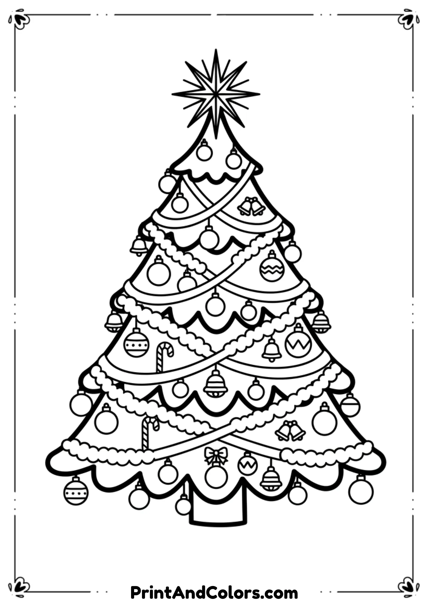  Line-art illustration of a fully decorated Christmas tree with baubles, ribbons, bells, garlands, and a shining star. Clean outlines, detailed but easy to color, symmetrical design, no background clutter, printable coloring sheet.