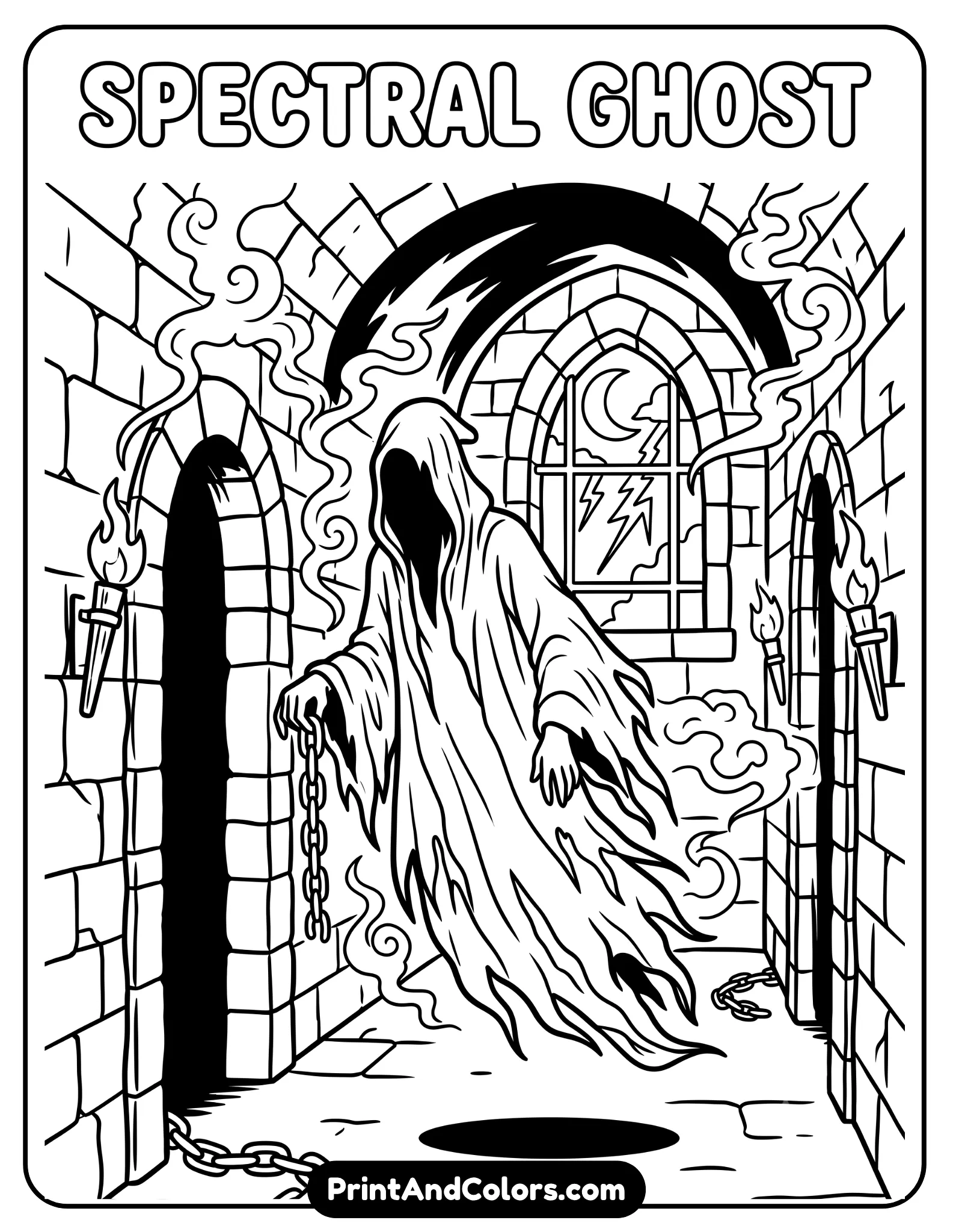 Dark gothic black and white coloring page of a floating cloaked spectral creature with tattered robes drifting through a stormy magical prison corridor. Include chains, smoke swirls, cold mist, moonlight, and dramatic fantasy shadows. Intricate adult coloring book line art with eerie atmosphere