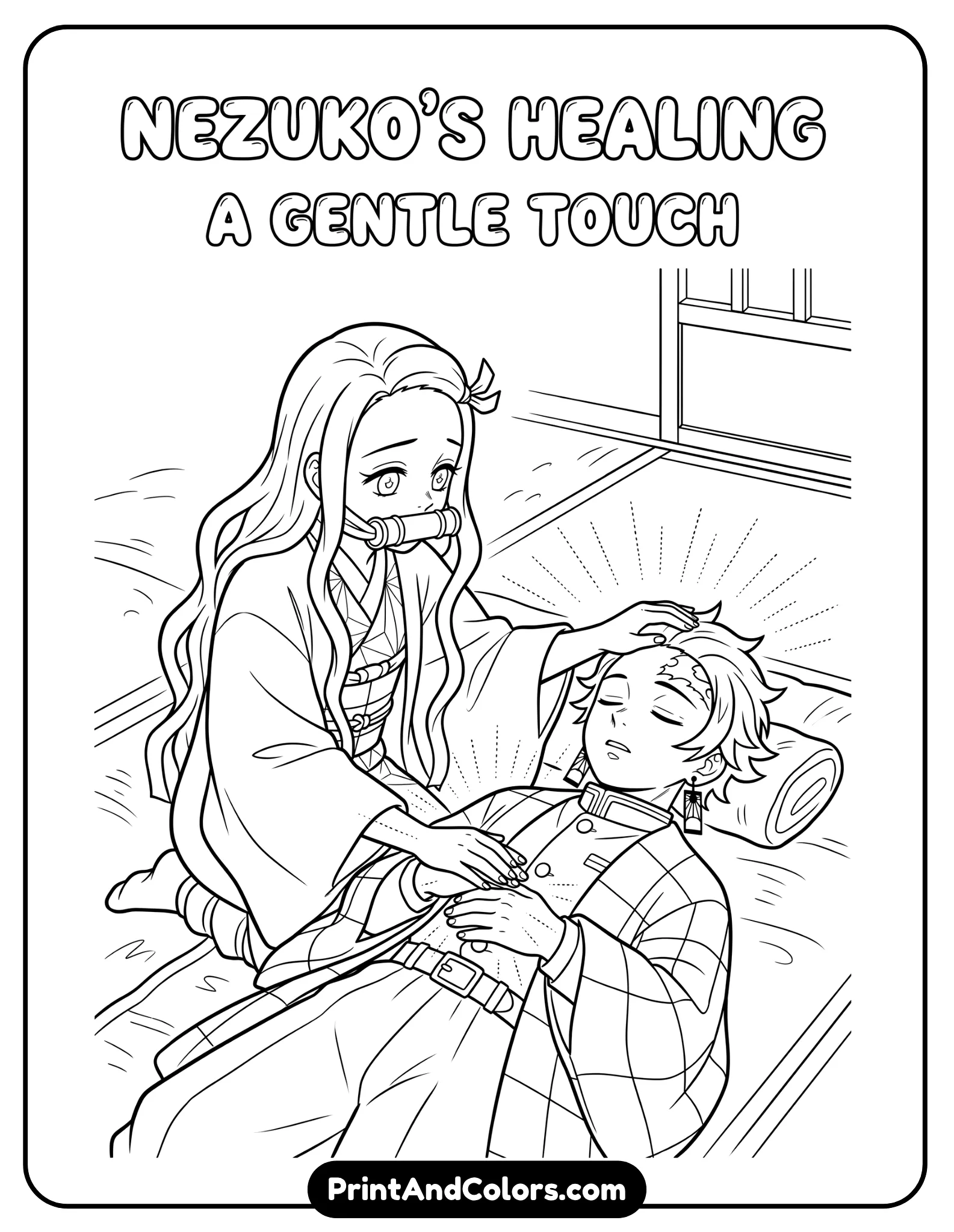 Black and white line art of Nezuko gently healing Tanjiro, soft emotional scene, Nezuko kneeling beside him with caring expression, subtle glowing effect indicated with simple lines, minimal background, clean outlines