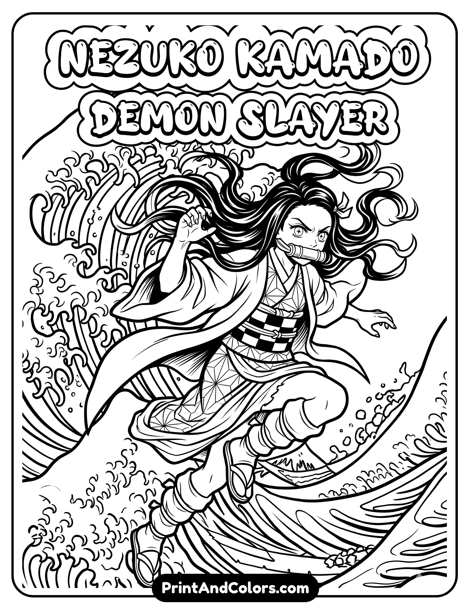 Black and white anime line art of Nezuko from Demon Slayer, mid-action pose with dynamic hair movement, stylized background inspired by Japanese waves, bold clean outlines for coloring