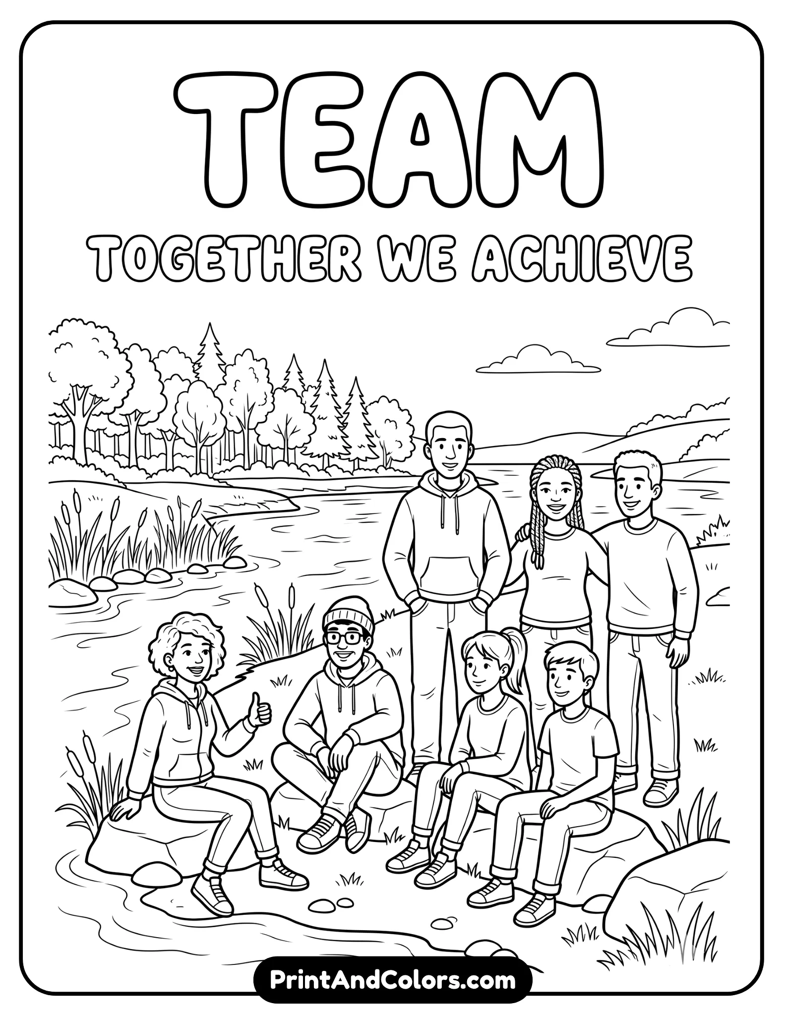 Team scene by a riverbank, characters sitting or standing together, simple natural background with trees and water lines, clean outlines