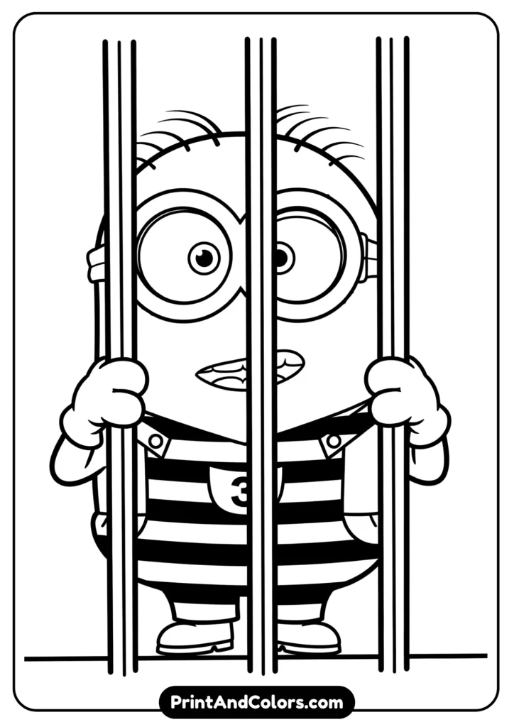 Minion wearing prison uniform stripes, standing behind bars, black-and-white line drawing.