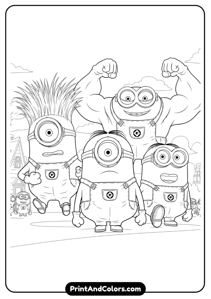 Line art of Mega Minions inspired by Despicable Me 4, cartoon black-and-white design