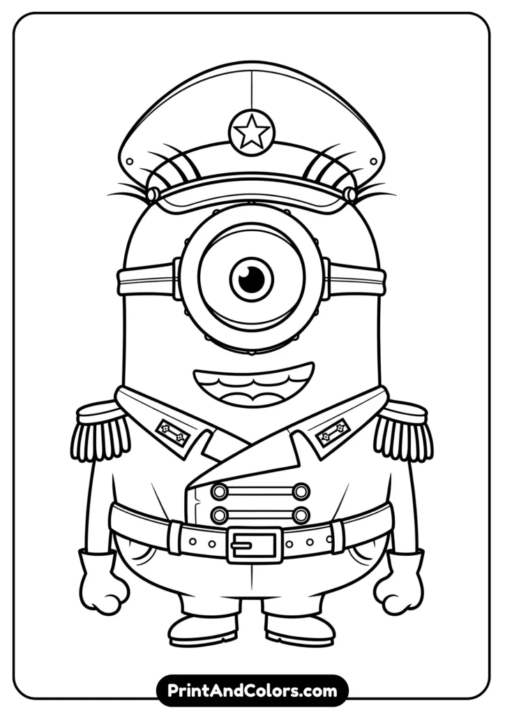General Minions from the Despicable Me movie, outlined in black and white for coloring sheets
