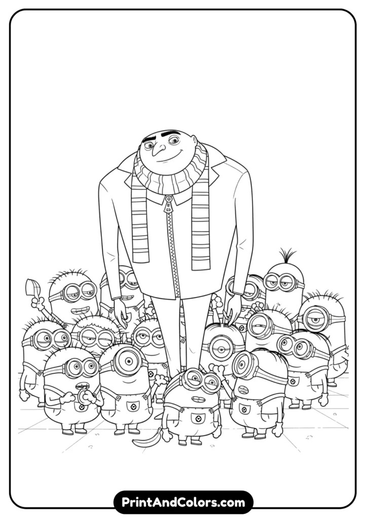 Line art of Gru standing with Minions around him, detailed outlines but still clean for coloring, cartoon style