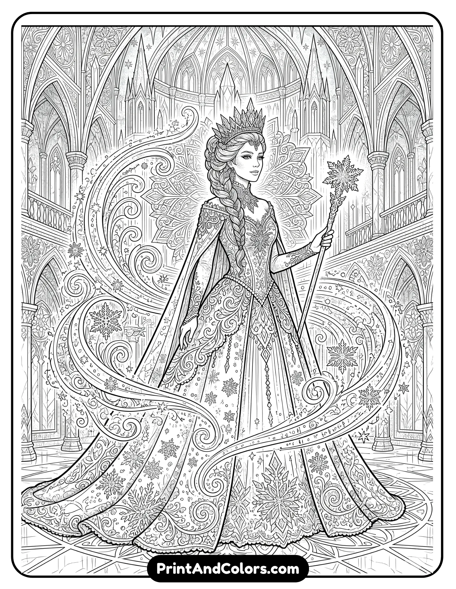 Highly intricate black and white coloring page of Elsa designed for adults, detailed ice gown with ornate snowflake embroidery, magical icy swirls surrounding her, crystal palace background, complex winter mandala patterns, elegant fantasy line art with fine printable details